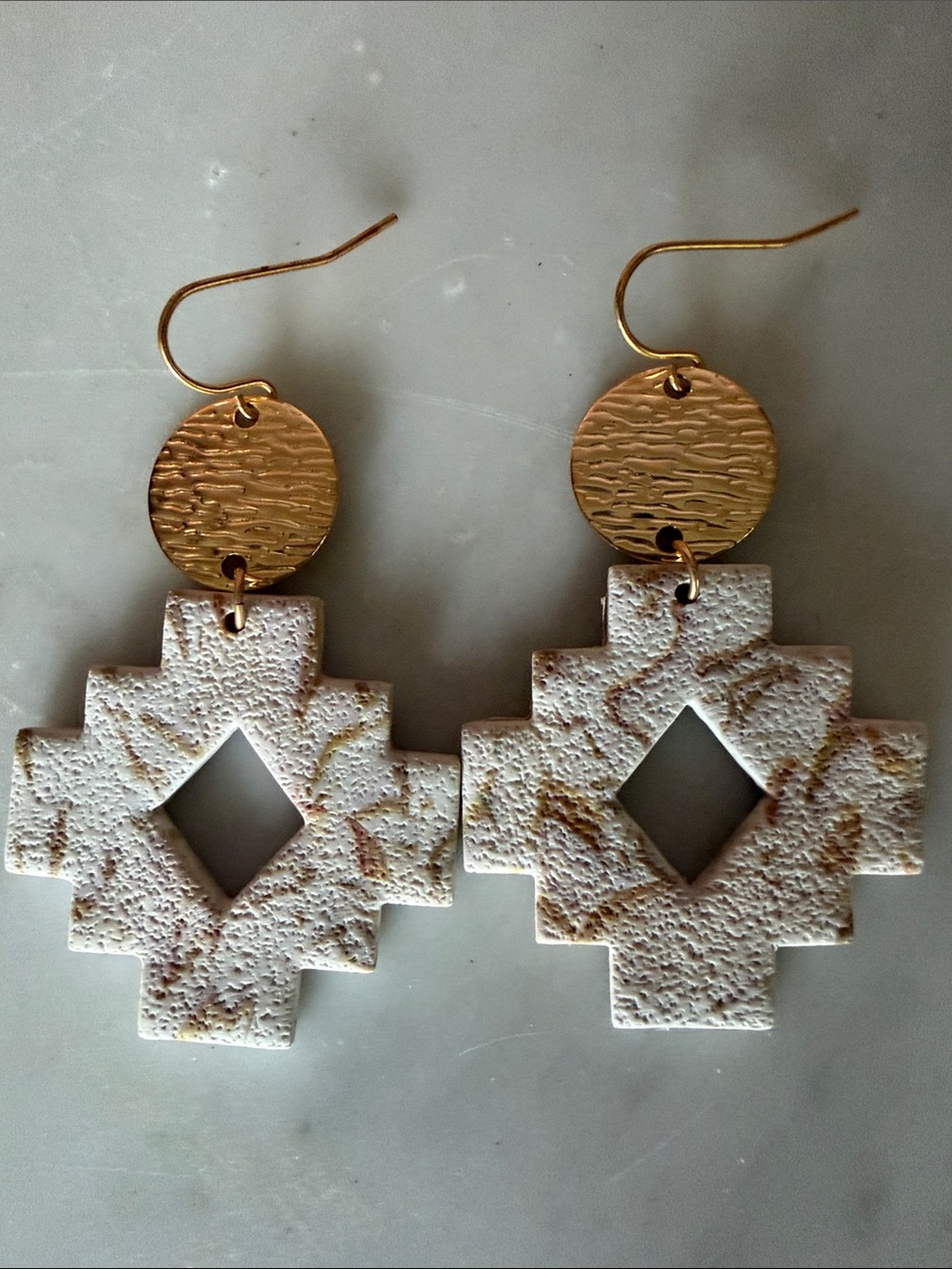 Handmade Ivory and Gold Geometric Clay Drop Earrings